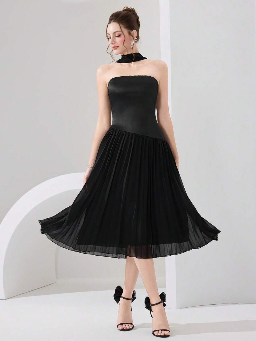 Poshira 法国成熟女士拼布露肩礼服 - 黑色 - 查看 1