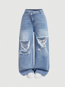 SHEIN CURVE+ Quần Jeans Denim Ống Thẳng Xanh Dương Cỡ Lớn Thường Ngày, Cong Cỡ Lớn, Kỳ Nghỉ Hoho - Rửa nhẹ - Xem 3