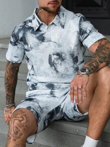 Manfinity LEGND Conjunto de camiseta polo de manga corta casual con estampado floral y pantalones cortos para hombre