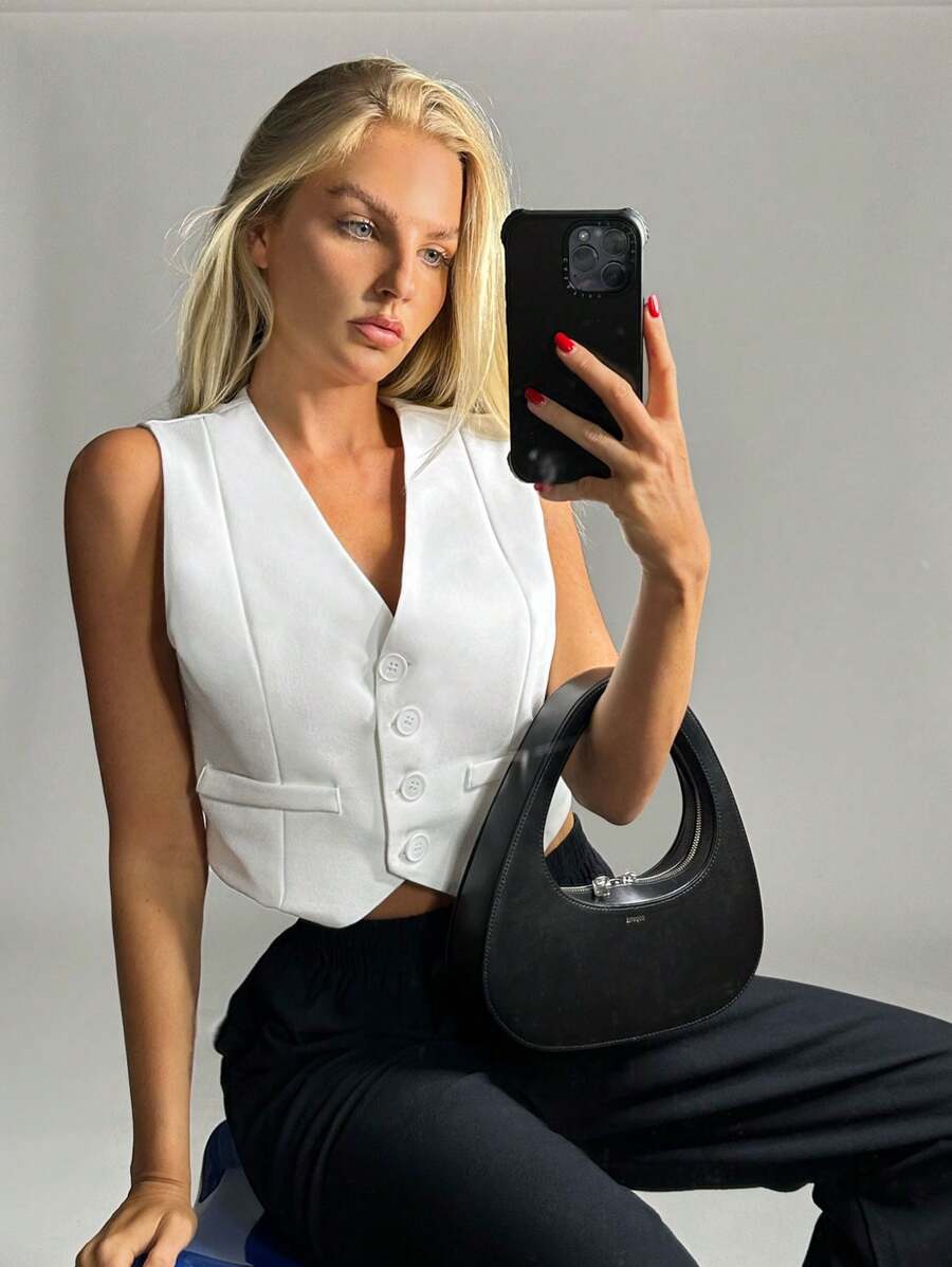 SHEIN EZwear Áo ghi lê cài nút phía trước trơn cho mùa thu/đông - trắng - Xem 1