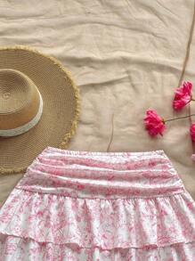 Soleia Spring & Summer Holiday Floral Print High Waisted Layered Ruffles Mini Skirt, Suitable For Backyard Garden, Date, Afternoon Tea, Vacation, Music Festival, Boho - Pink - View 5