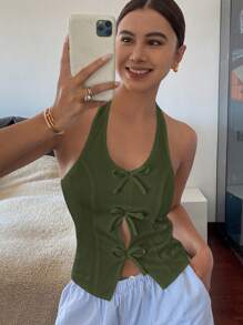 Livesso 女款寬鬆U領蝴蝶結前襟掛脖上衣，短版外出上衣掛脖上衣 - 軍綠色 - 查看 2