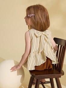 Ontre 少女条纹面料蝴蝶结吊带背心 - 杏色 - 查看 6