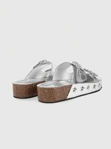 ROMWE Grunge Punk Dép đi biển Roman phong cách Punk Dark Rock cho nữ, Dép xỏ ngón đi ngoài trời, Dép đế xuồng hở mũi hình ngôi sao - Bạc - Xem 9
