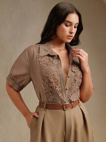 Anewsta 女士优雅浪漫现代 3D 花卉约会之夜短袖衬衫，夏季服装 - 棕色 - 查看 5