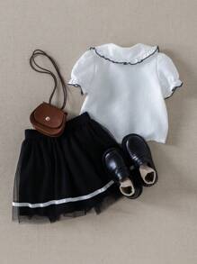 PrepCrw Set mit 2 Teilen für Baby Mädchen: Bluse im Collegestyle mit Puffärmeln und Mesh-Rock