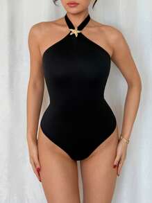 Islaluna Women's Black Halter Neck Sleeveless Bodysuit With Knot Detail And Gold Starfish Accent