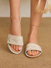 Styleloop 女士绿色刺绣时尚罗马风格露趾优雅平底凉鞋，适合宴会 - 綠色 - 查看 5