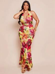 SHEIN BAE Plus Size Women's Spring/Summer V-Neck Open Back Floral Print Bodycon Mesh Knit Dress, Y2k, Fourth Of July, Concert Outfit Women, 4th Of July, 4th Of July Clothes, Memorial Day, Graduation, Work/Office, Vacation Outfits, Birthday Dresses For Women Summer Clothes, Western Wear Women, Club Outfits Women Sexy, Beach Vacation Outfits, Hawaii Outfits Women, Dresses For Women Party, Sundress - Multicolor - View 5