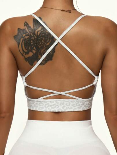 Slay 1pc Women Leopard Print Criss Cross Backless Sports BH Yoga, Workout, Running Y2k Glowmode view 3