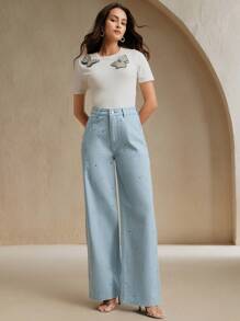 Anewsta Rhinestone-Embellished Straight-Leg Pink Jeans For Women - Blue - View 7