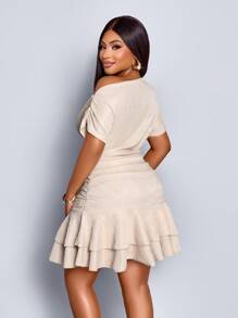 SOLERSUN Women's Elegant Party Daytime Apricot Knitted Asymmetrical Neck Neck Long Sleeves Gathered Double Ruffle Mini Dress - Apricot - View 2