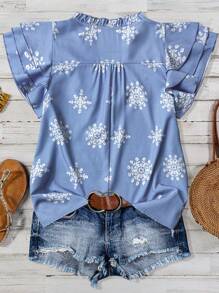 Linhara 大码女式花卉印花 V 领泡泡袖休闲夏季衬衫，适合日常和假日穿着 - 彩色 - 查看 2