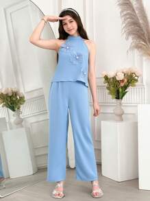 SHEIN 2pcs/Set Teenage Girls Elegant Floral Embellished Halter Neck Top + Loose Wide Leg Pants Suit - Pink - View 4