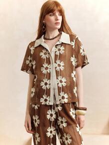 SHEIN Camicia elegante da donna con bottoni, a maniche corte, con blocchi di colore, decorata con ricami floreali 3D, adatta per l'ufficio, estiva, carina, per uscire - Cachi - Visualizzare 5
