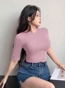 DAZY Women's Summer V-Neck Half Sleeve Fitted Wrap Casual All-Match T-Shirt Basic Top Tight Tops - Pink - View 5