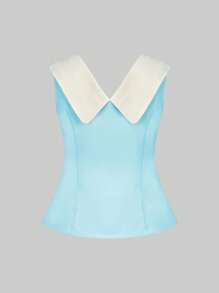 SHEIN Clasi Blus Fashion Wanita Terbaru untuk Musim Semi/Panas dengan Desain Elegan dan Kerah yang Melangsingkan - Baby Blue - View 2
