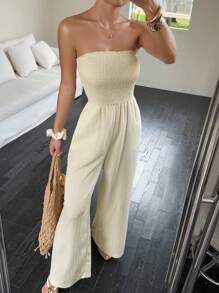 SHEIN Unity Women's Solid Color Sexy Furrowed Off Shoulder Sleeveless Jumpsuit - Apricot - View 6