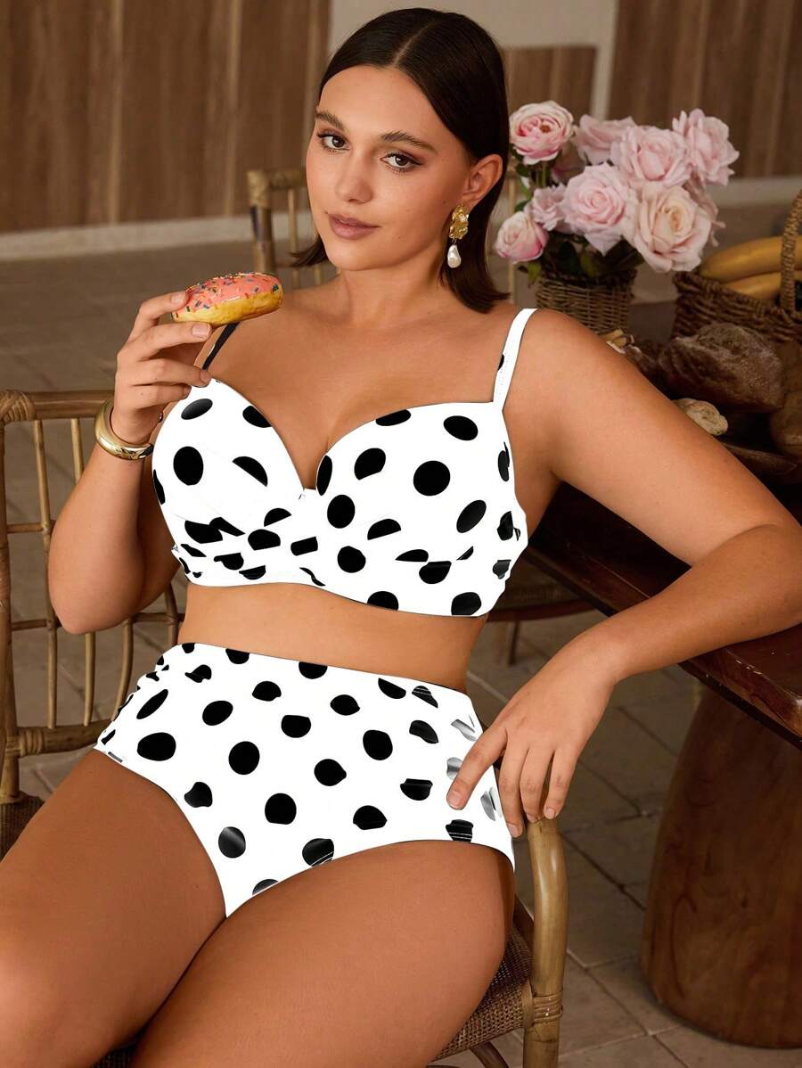 Swim Chiccia Plus Size Women New 2-Piece Printed Swimwear, Elegant Front Criss-Cross Push-Up Padded Bra, Adjustable Straps, Butterfly Back Tie, High-Waisted Pleated Front Shorts, Casual Beach Vacation Swimwear For Summer - White - View 1