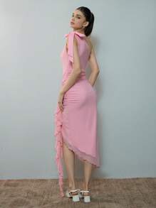 SHEIN MOD Asymmetric Neck Twist Front Sexy Party Dress, Pink - Pink - View 2