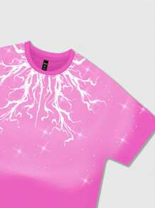 ROMWE MEN Men's Street Life Rhinestone Print Short Sleeve T-Shirt, Suitable For Daily Wear - Pink - View 3
