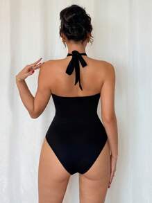 Islaluna Women's Black Halter Neck Sleeveless Bodysuit With Knot Detail And Gold Starfish Accent