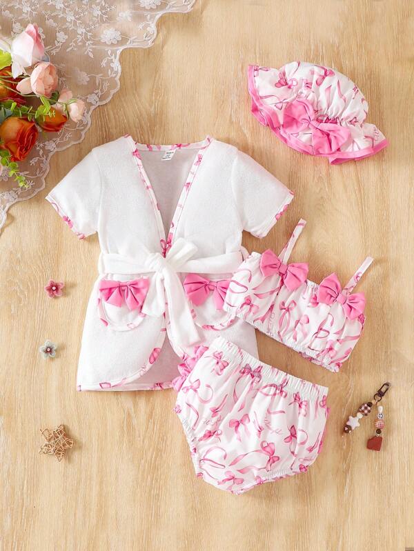 Baby Girl Short Sleeve Cardigan, Strap Top And Triangle Swim Bottom 3pcs Set Newborn Baby Clothes For Girls
