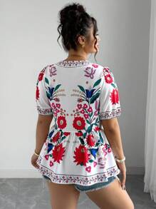 SHEIN CURVE+ 夏季加大码印花扭纹V领短袖衬衫 - 彩色 - 查看 2