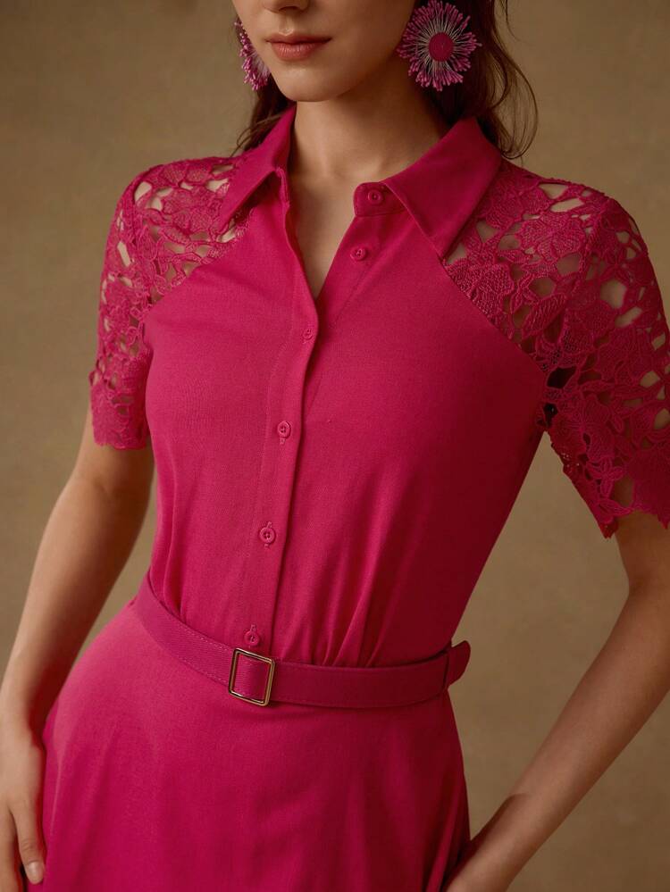 ELEGANT & CHIC EMBROIDERED LACE HOLLOW OUT SHORT SLEEVE CINCHED WAIST BUCKLE BELTED SHIRT DRESS