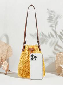 SHECARRY Bolso de hombro tejido con decoración de conchas para mujer, informal, de vacaciones - Amarillo - Ver 3
