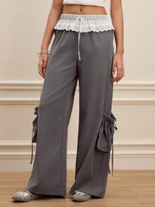 SHEIN MOD Pantalones elegantes con ribete de encaje en contraste gris - Gris - Ver 4