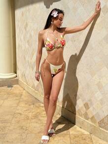 Aloruh Women's Boho Floral Bikini Set Halter Tie Back Micro Crop Top And Matching Bottoms For A Chic Beach Look - Apricot - View 4