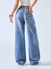 LYSMO Women's Casual Fashion Jeans With Rhinestone Decor Pockets - Blue - View 2