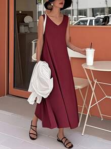 INAWLY Abito da donna casual di colore uniforme, elegante e vintage per le vacanze