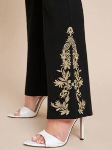 Amorya 女士优雅纹理针织弹力面料喇叭下摆蕾丝花边针织黑色裤子，百搭