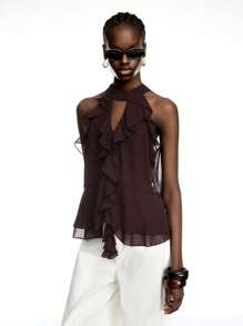 LYSMO Top halter elegante de unicolor con volantes para mujer