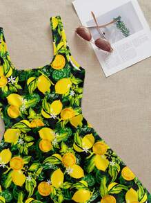 SHEIN EZwear 女士休闲简约假日柠檬印花图案迷你连衣裙，适合夏季、女孩旅行 - 黑色 - 查看 3