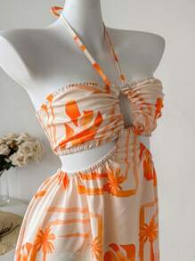 INAWLY 休闲时尚女式全身印花露背迷你连衣裙