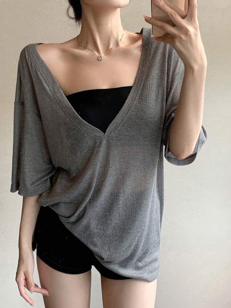 Dazy Plus Deep V-Neck Loose Half Sleeve Shawl Style Summer T-Shirt