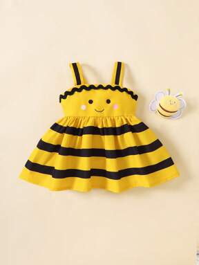 SHEIN Playful Pals فستان طفل رضيع بناتي أسود وأصفر بطباعة مجسّمة سهل وعملي، يمكن ارتداؤه في المناسبات والاستخدام اليومي