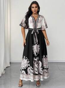 Celure Vestido casual mini con estampado floral de marañón, mangas con volantes para mujer de talla grande