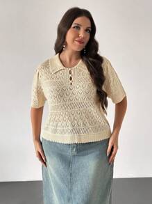 SHEIN Privé 大码女式钩针镂空 Polo 领休闲宽松优雅通勤毕业返校复古学院风短袖毛衣上衣，适合情人节、音乐会、表演、约会、正式派对、婚礼、性感、优雅、办公室、度假、海滩、美人鱼风格、生日派对、珍珠纽扣 - 杏色 - 查看 7