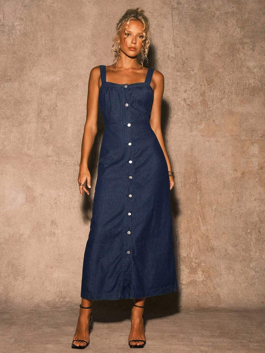 SHEIN Forever 21 女装夏季深蓝色水洗胸扣无袖长款牛仔连衣裙/夏季牛仔连衣裙/优雅/春夏女装浪漫/度假/返校/休闲/复古/无袖/无口袋 - 深色水洗藍 - 查看 1
