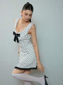 SHEIN MOD 白色波点蕾丝拼布优雅连衣裙 - 白色 - 查看 5