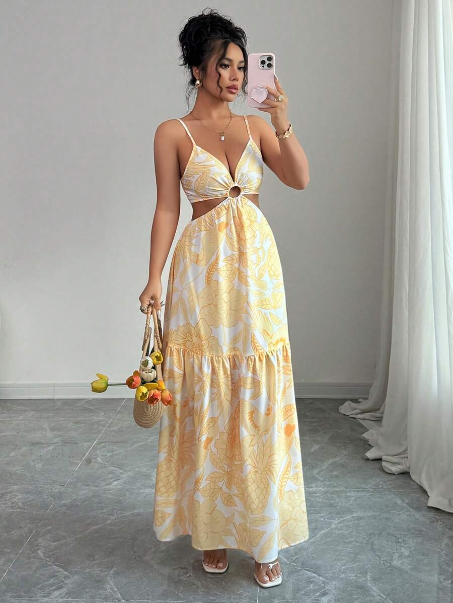 Elenzga Women's Printed Cinched Waist A-Line Mid-Length Casual Vacation Commuter Dress - Yellow - View 1