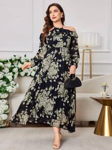 Modelyn Plus Size Women Chiffon Floral Elegant Romantic Long Off-Shoulder Dress - Black - View 5
