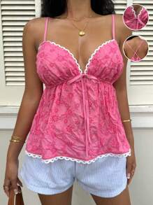 SHEIN EZwear Ladies' Holiday Casual Rose Red Hollow Embroidery Camisole Top - Hot Pink - View 3