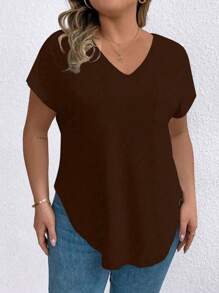 EMERY ROSE Plus Size Solid Color Curved Hem Casual T-Shirt For Summer - Coffee Brown - View 5