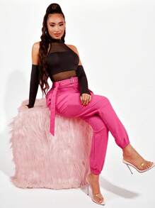 SHEIN SXY Mesh Insert Mock Neck Bodysuit With Sleeves - Black - View 7