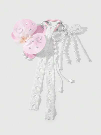 Kawaii 1 حبة زخرفة ناعمة وبسيطة ومتعددة الاستخدامات بزهرة أوركيد وردية فاتحة اصطناعية، فيونكة من اللؤلؤ البيض المخرم والمكور باليد، شريط نسيج نجمي، وسادة هاتف DIY ،سلسلة مفاتيح وتميمة للحقيبة، مناسب للنساء والارتداء اليومي وهدايا الأعياد